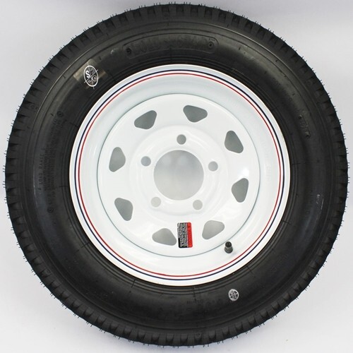 LoadStar 5-hole 12″ x4″ Red & Blue Pin Stripe White Spoke Trailer Wheel and Tire