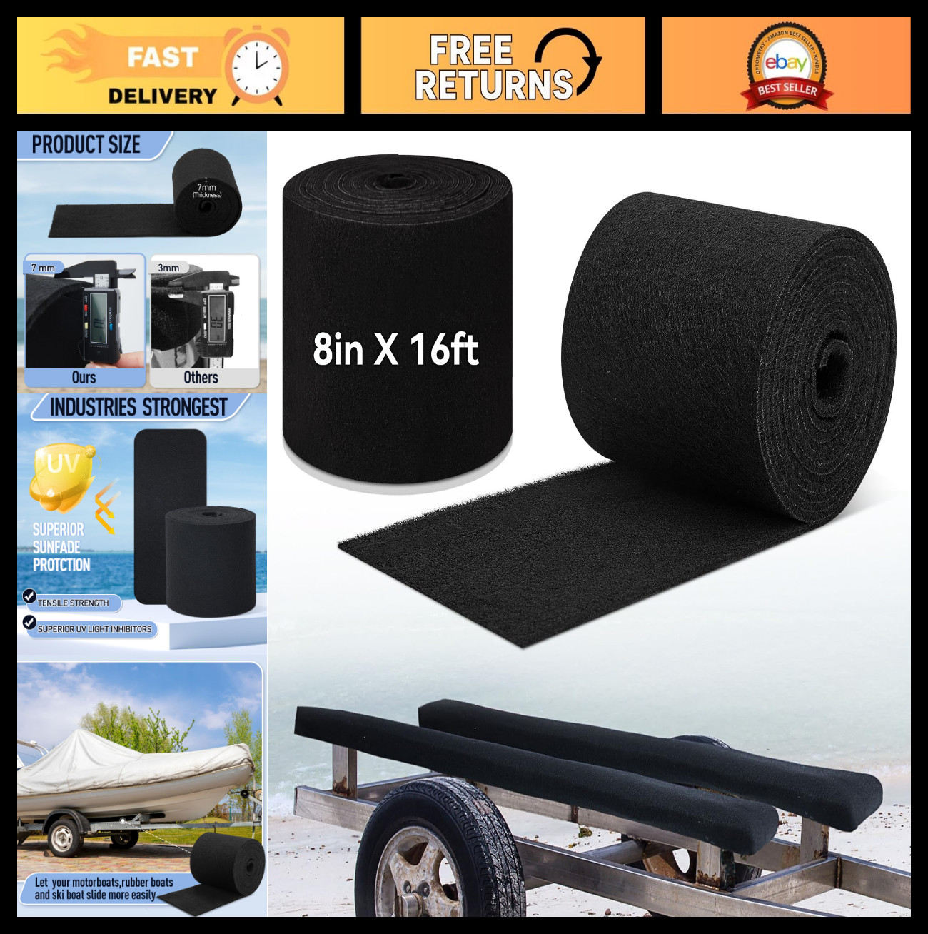 Marine Grade Boat Trailer Bunk Carpet 8-24″ Replacement Padding Runner 16ft Blac