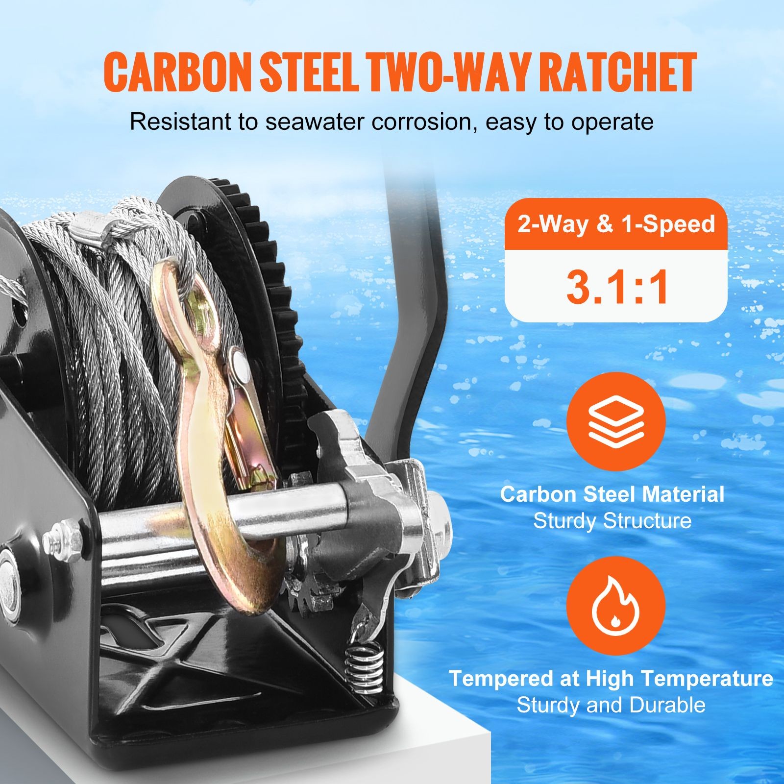 800 lb Winch 33 ft Steel Cable Two-Way Ratchet