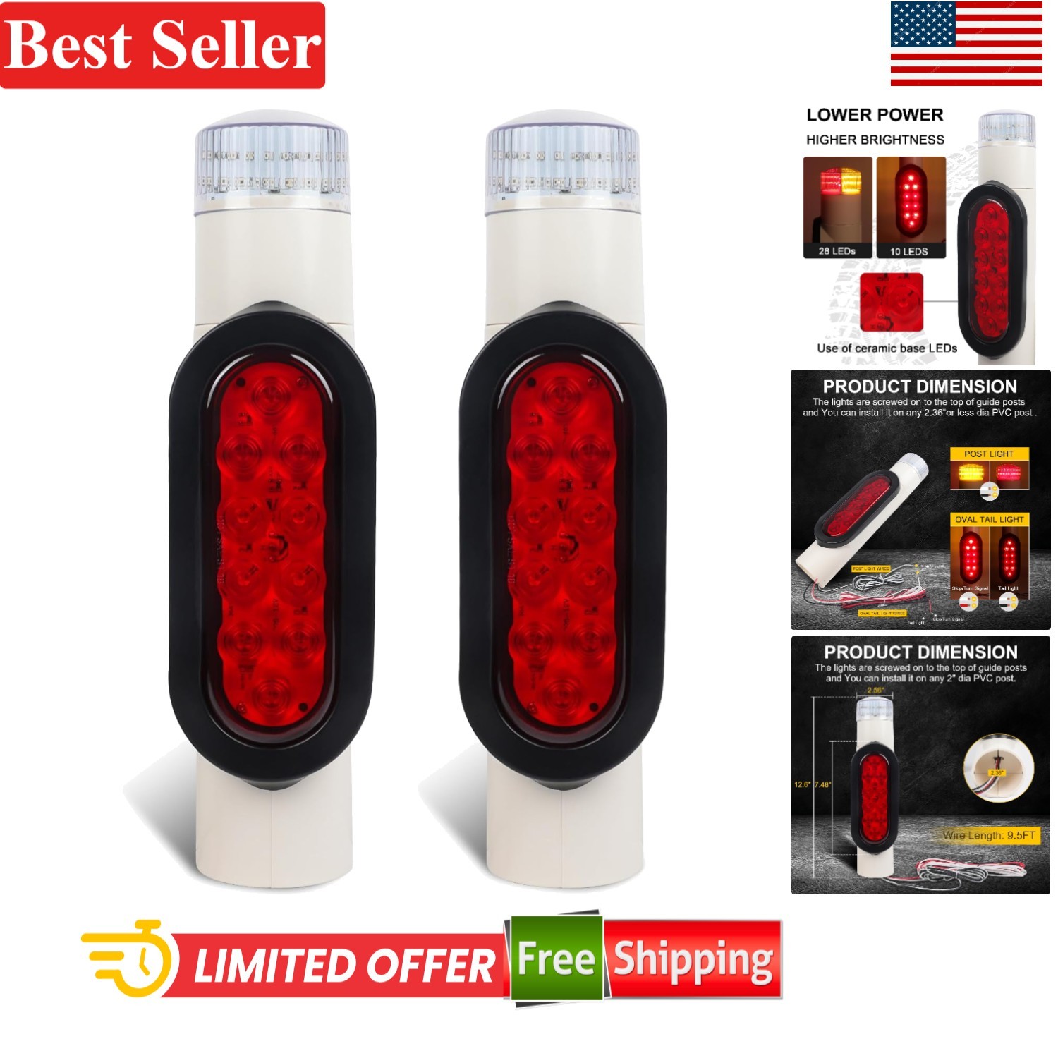 Boat Trailer Guide Post Pipe LED Light Set 2 Pack Waterproof 12V for RV