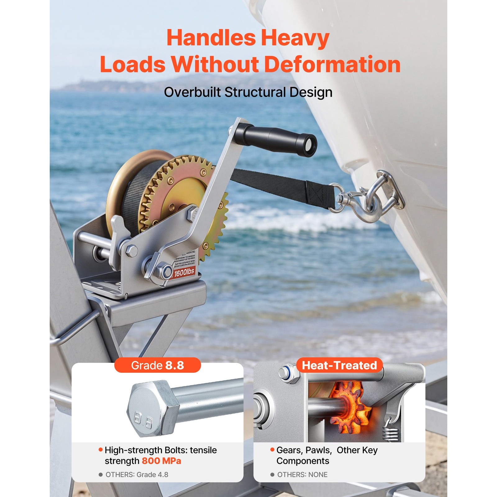1600lb Manual Boat Winch Heavy Duty Hand Crank Galvanized 4:1 Ratio