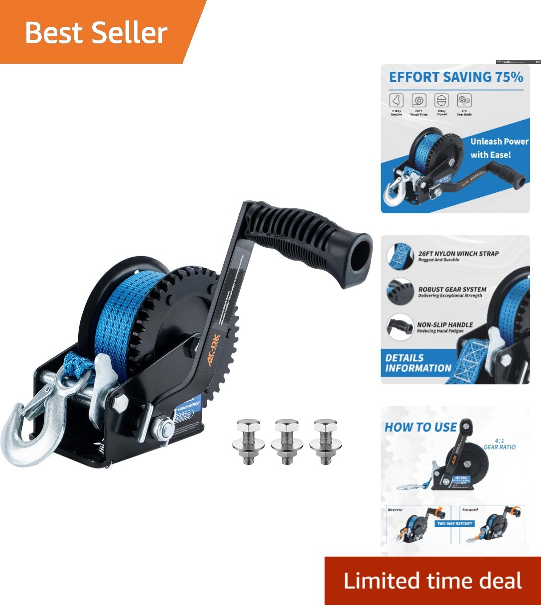 1600lbs Heavy Duty Portable Winch with 26FT Strap for Boats & Trailers