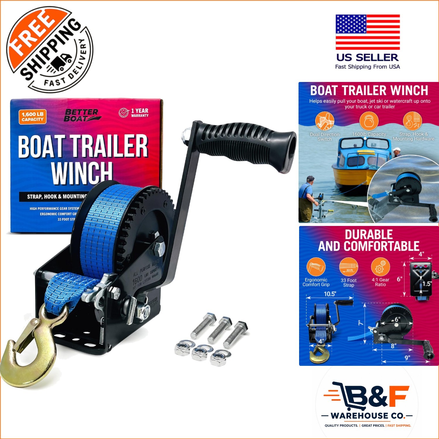 Manual Hand Crank Winch with 33ft Strap, 1600 lbs Capacity, Corrosion Resistant