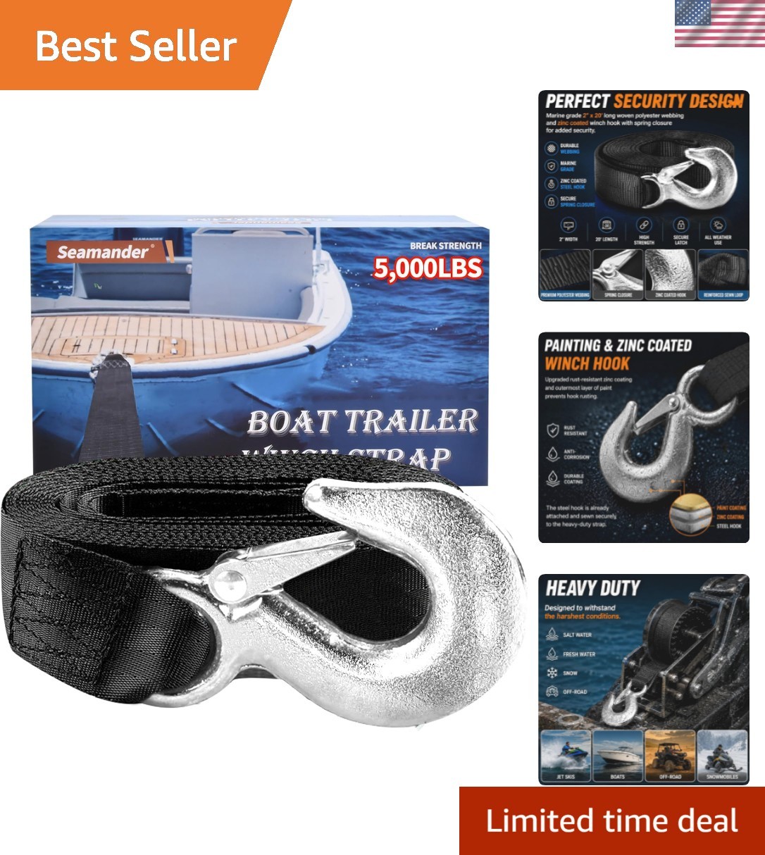 Versatile Heavy-Duty 5000 LBS Trailer Winch Strap – 2inx20ft for All Watercraft