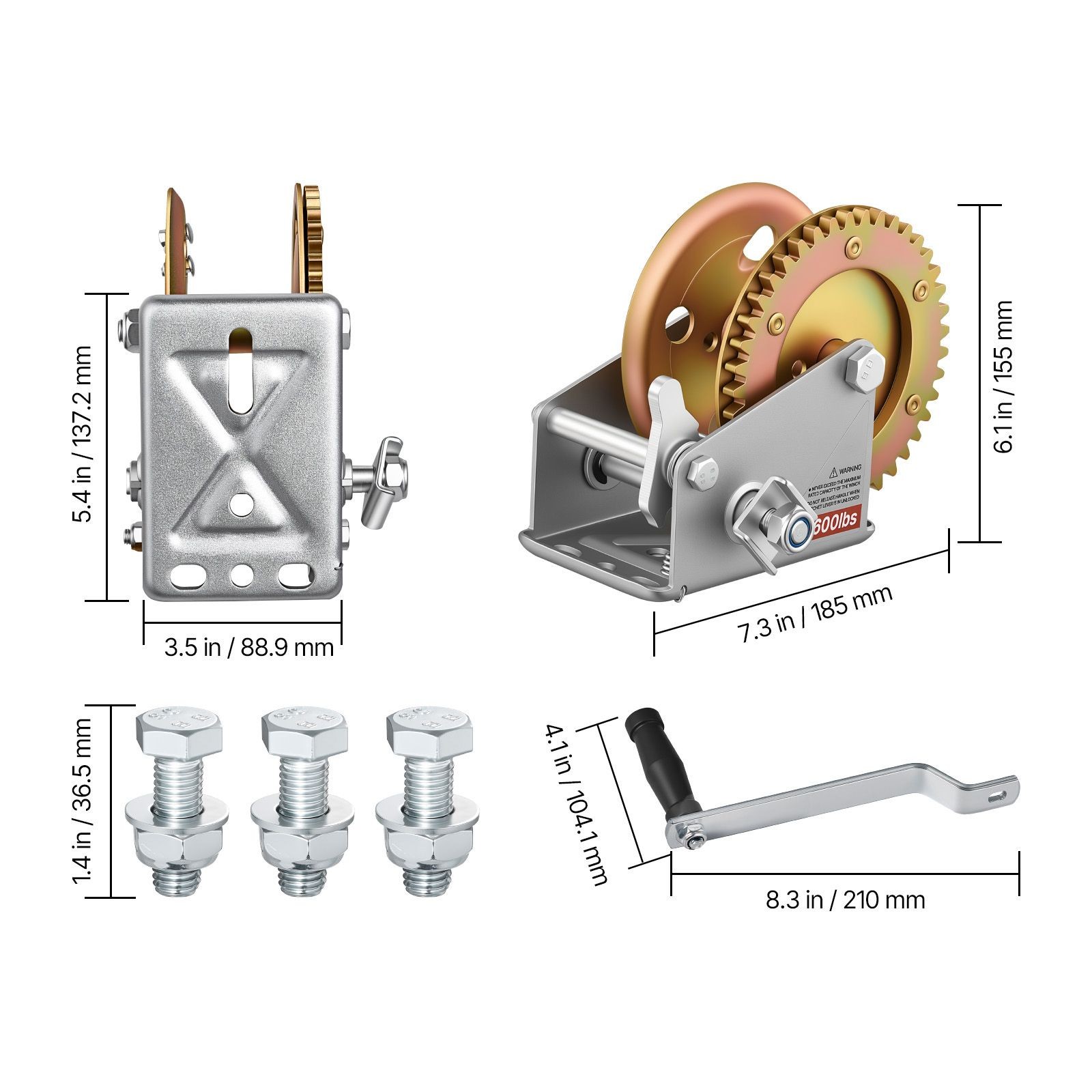 1600lb Manual Boat Winch Heavy Duty Hand Crank Galvanized 4:1 Ratio