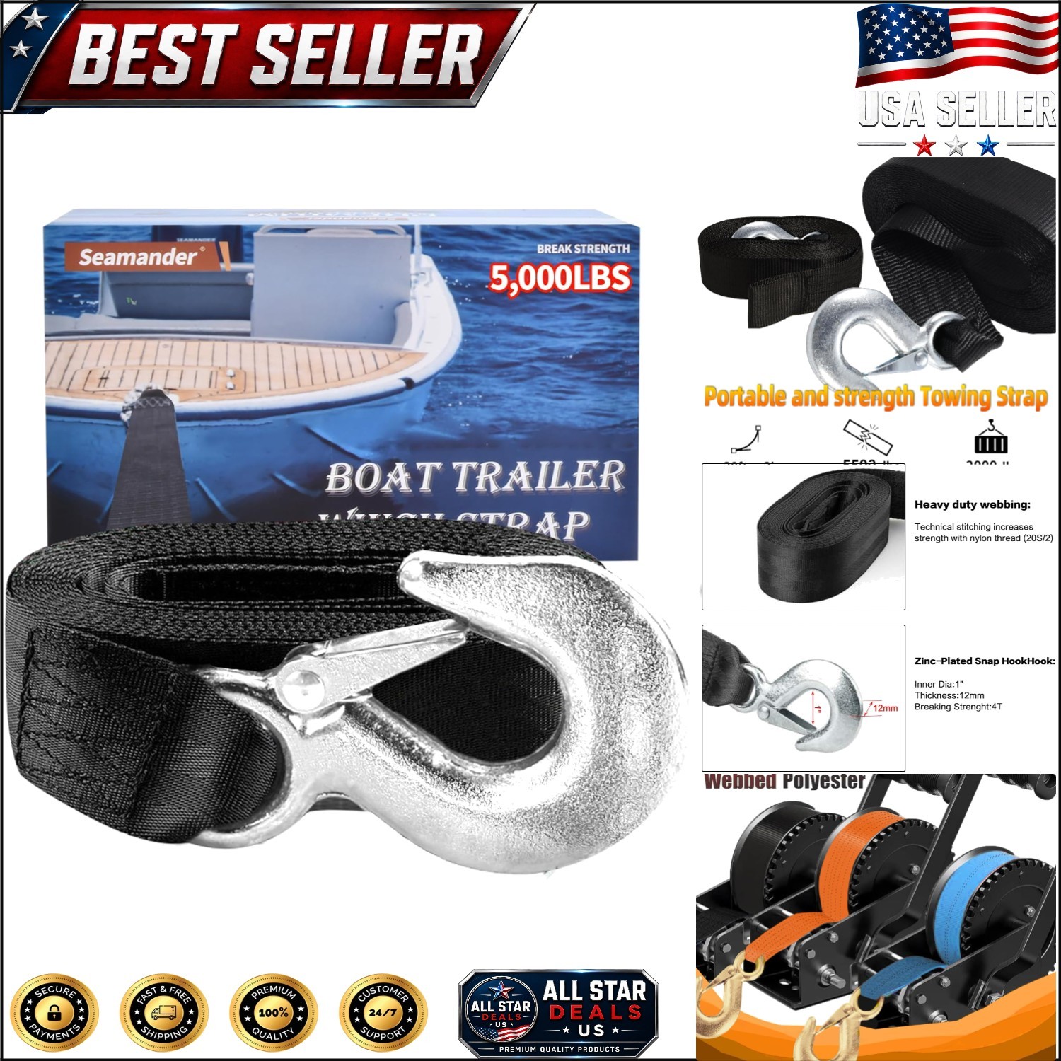 20′ Polyester Boat Towing Strap – Heavy Duty Snap Hook Included