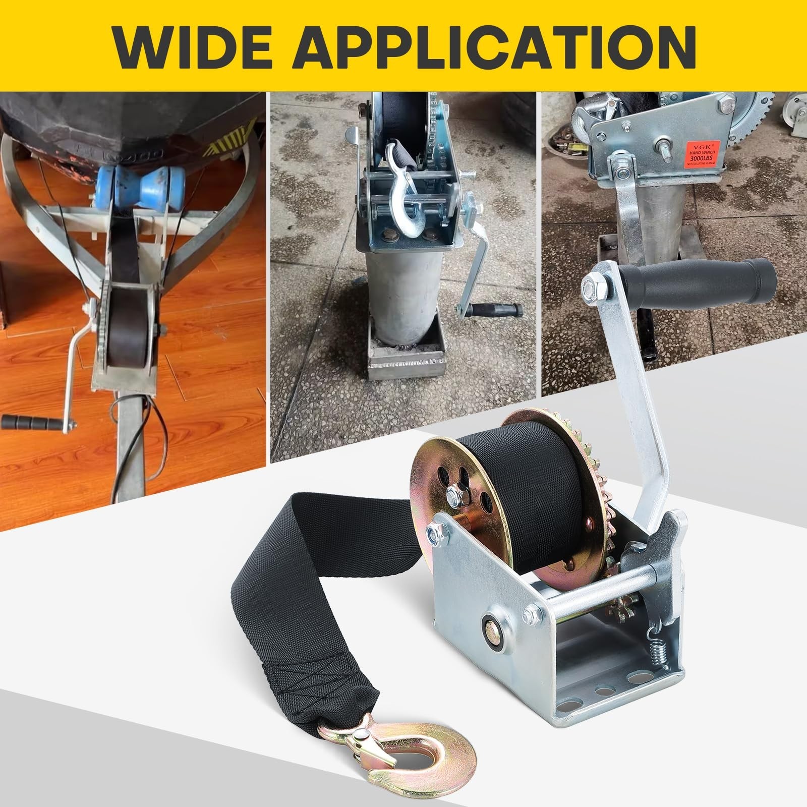 Heavy Duty 800LBS Hand Winch for Boat Trailer Towing, 16FT Strap & Ratchet Gear