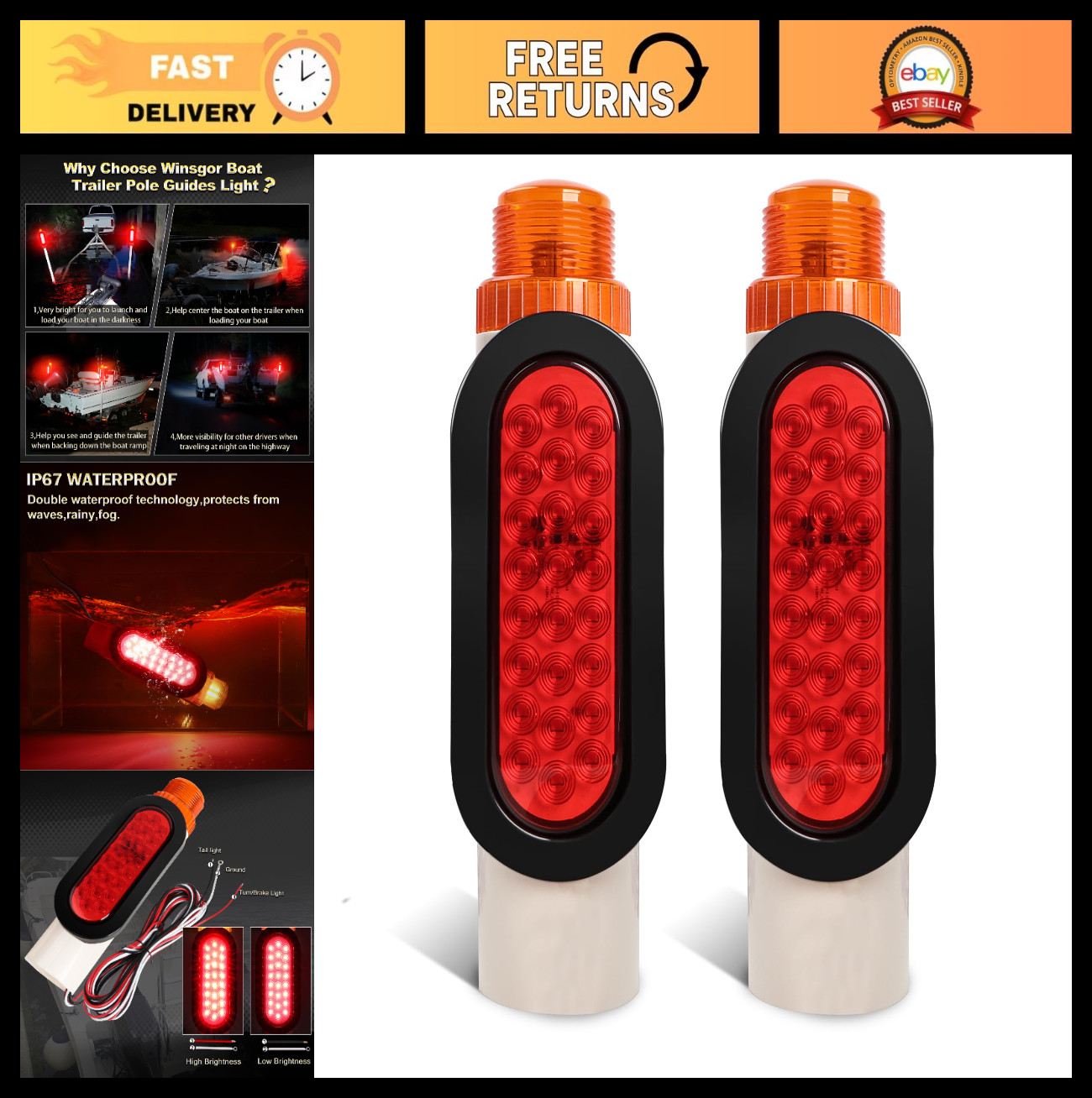 Waterproof Boat Trailer Guide Pole Lights – IP67, 12-24V, 2pcs, DOT Approved, Su