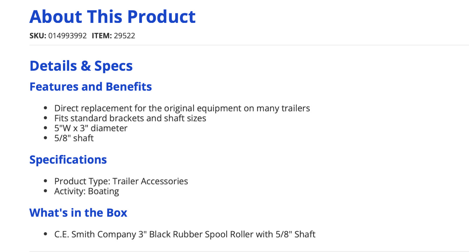 C.E. Smith Company 3″ Black Rubber Spool Roller With 5/8″ Shaft #29522