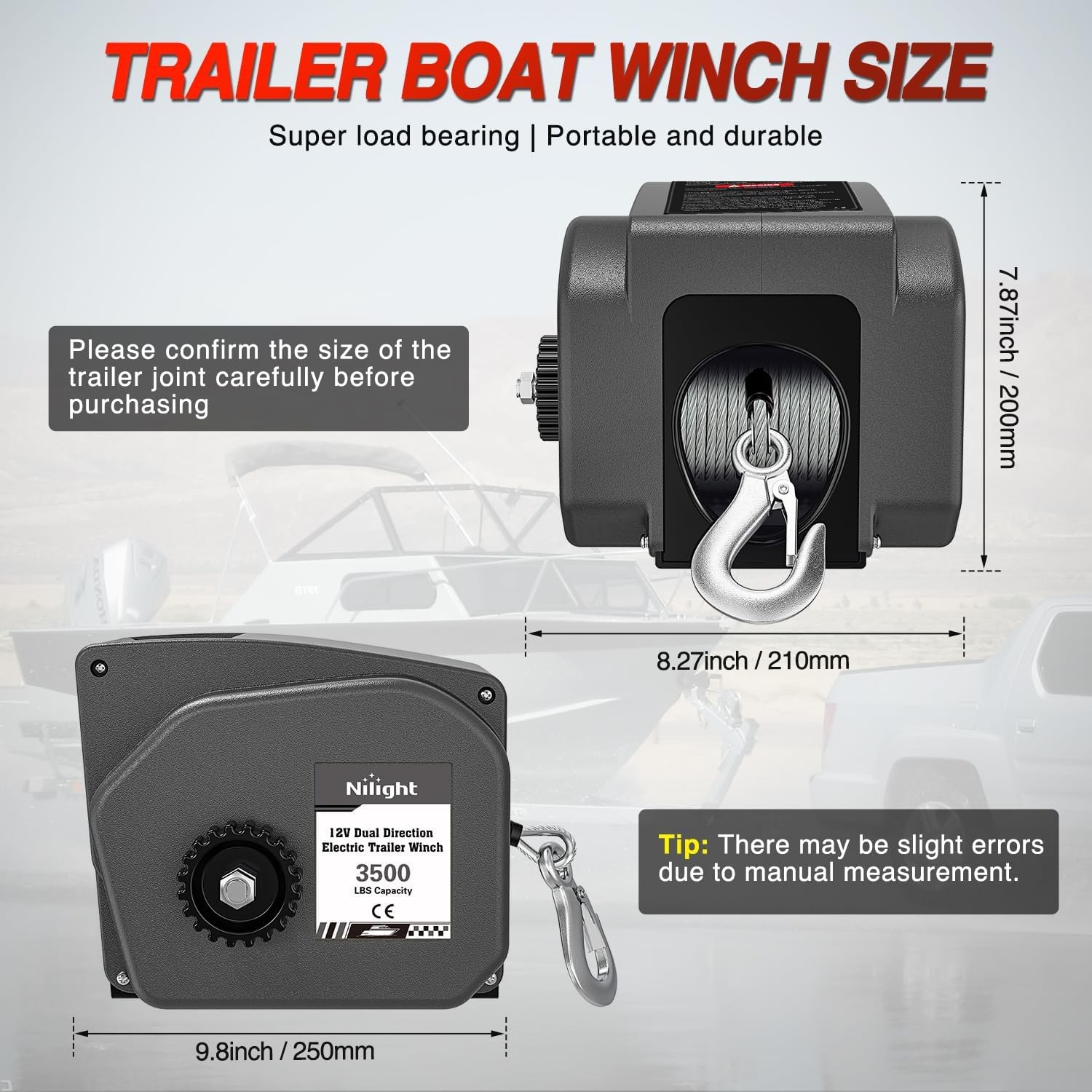 Nilight Boat Winch for Trailer 3500 Lbs Portable Electric with Steel Cable Gray