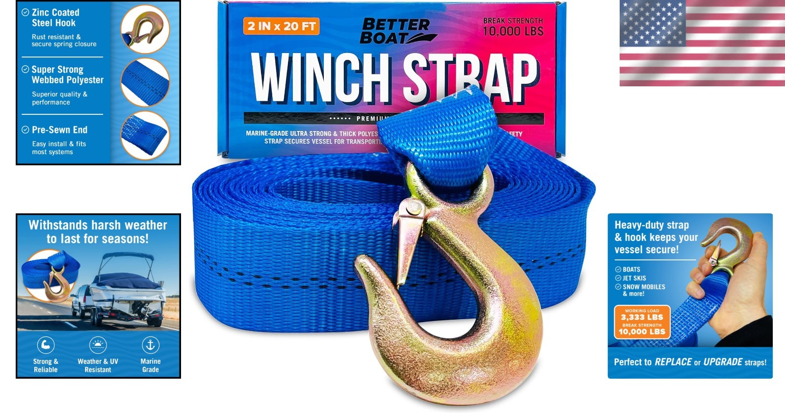 10,000 Lbs Capacity Winch Strap – Heavy-Duty 2” x 20′ Towing Strap for Trailers