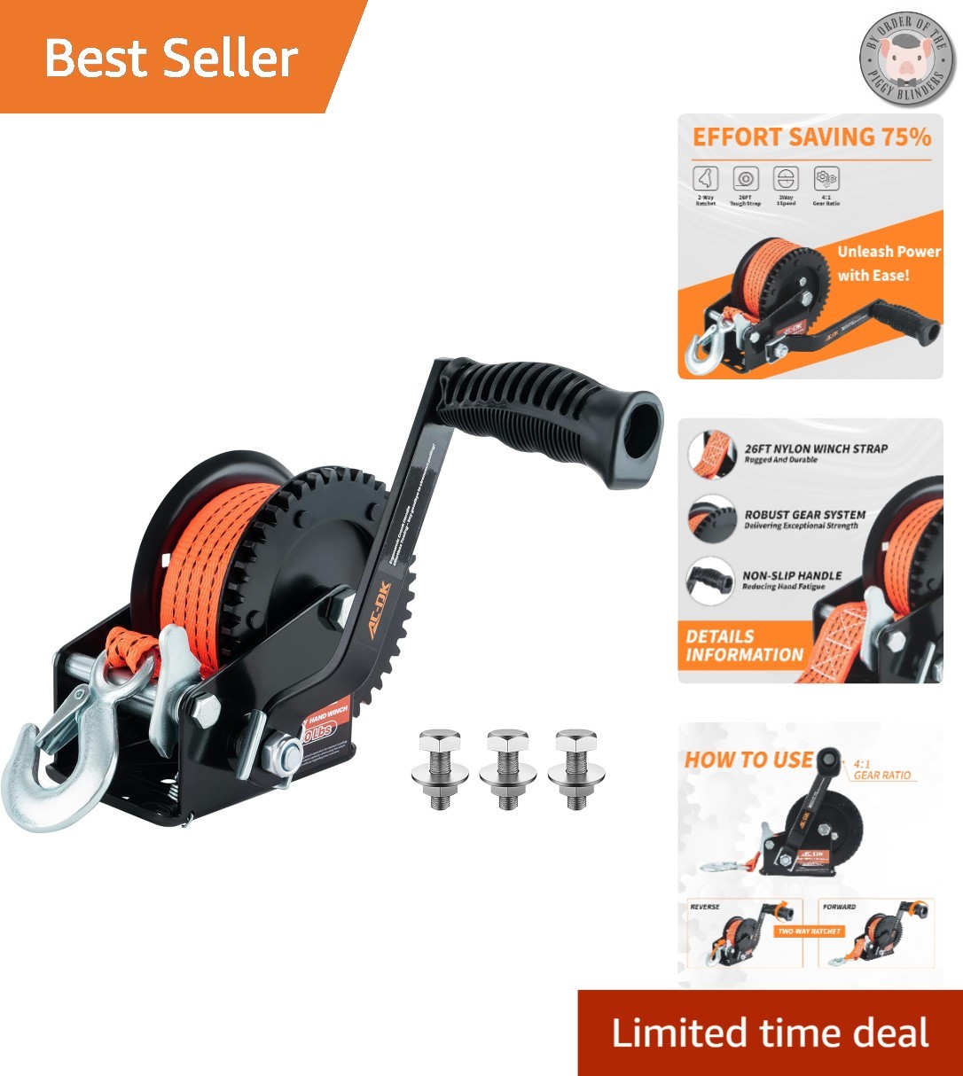 Galvanized Heavy Duty Trailer Winch 1600lbs with Ergonomic Handle & 26FT Strap