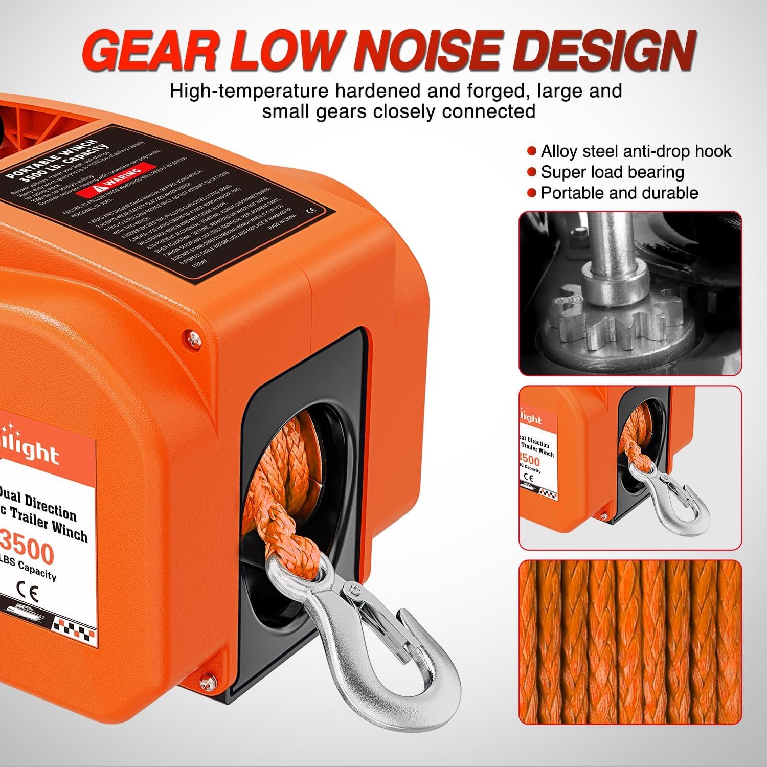 Nilight Boat Trailer Winch 3500 lbs Portable Electric Boat Winches 12V DC Orange