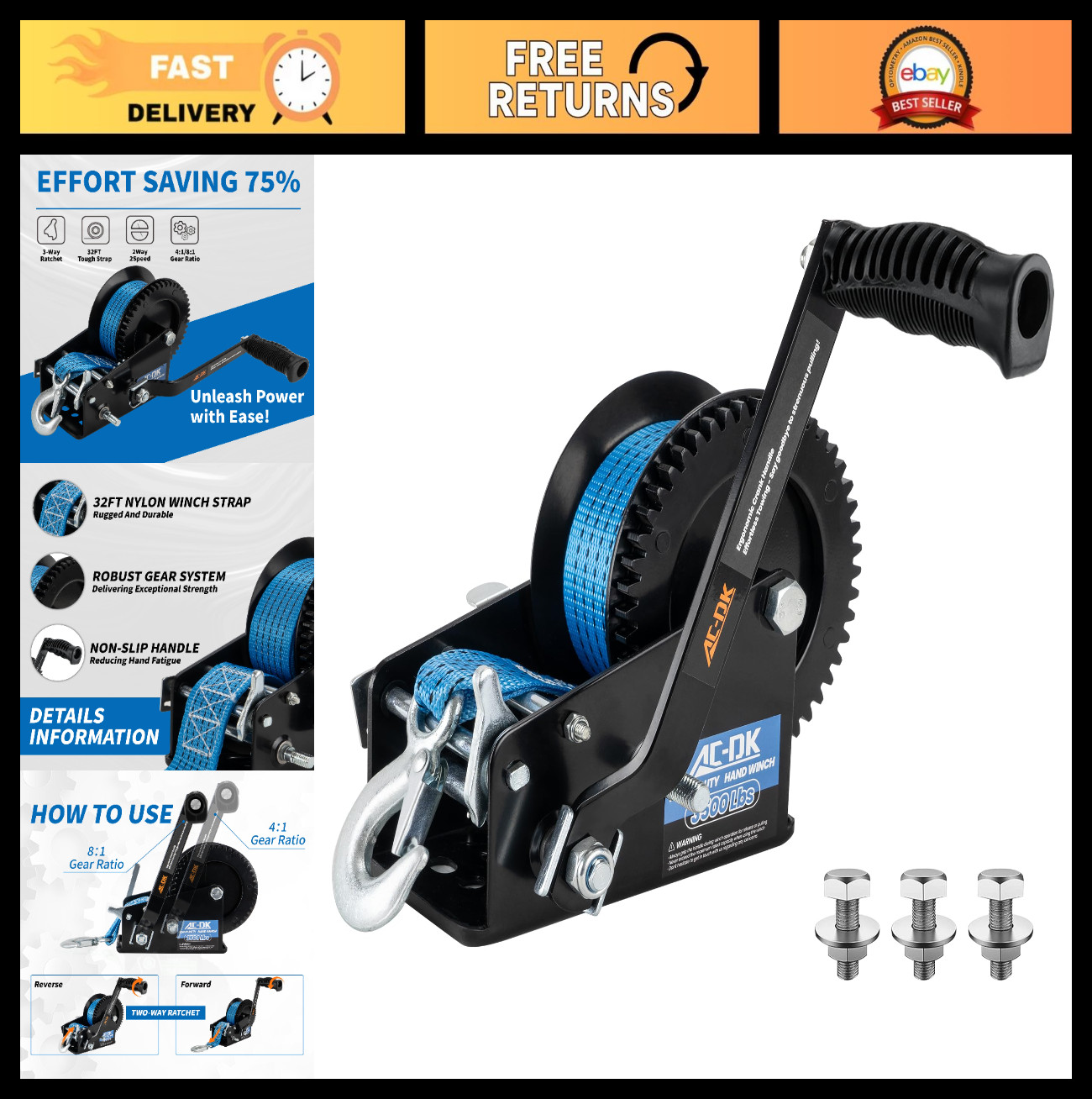 3500lbs Heavy Duty Trailer Winch with 32FT Strap, 2-Way Ratchet, Portable Hand C
