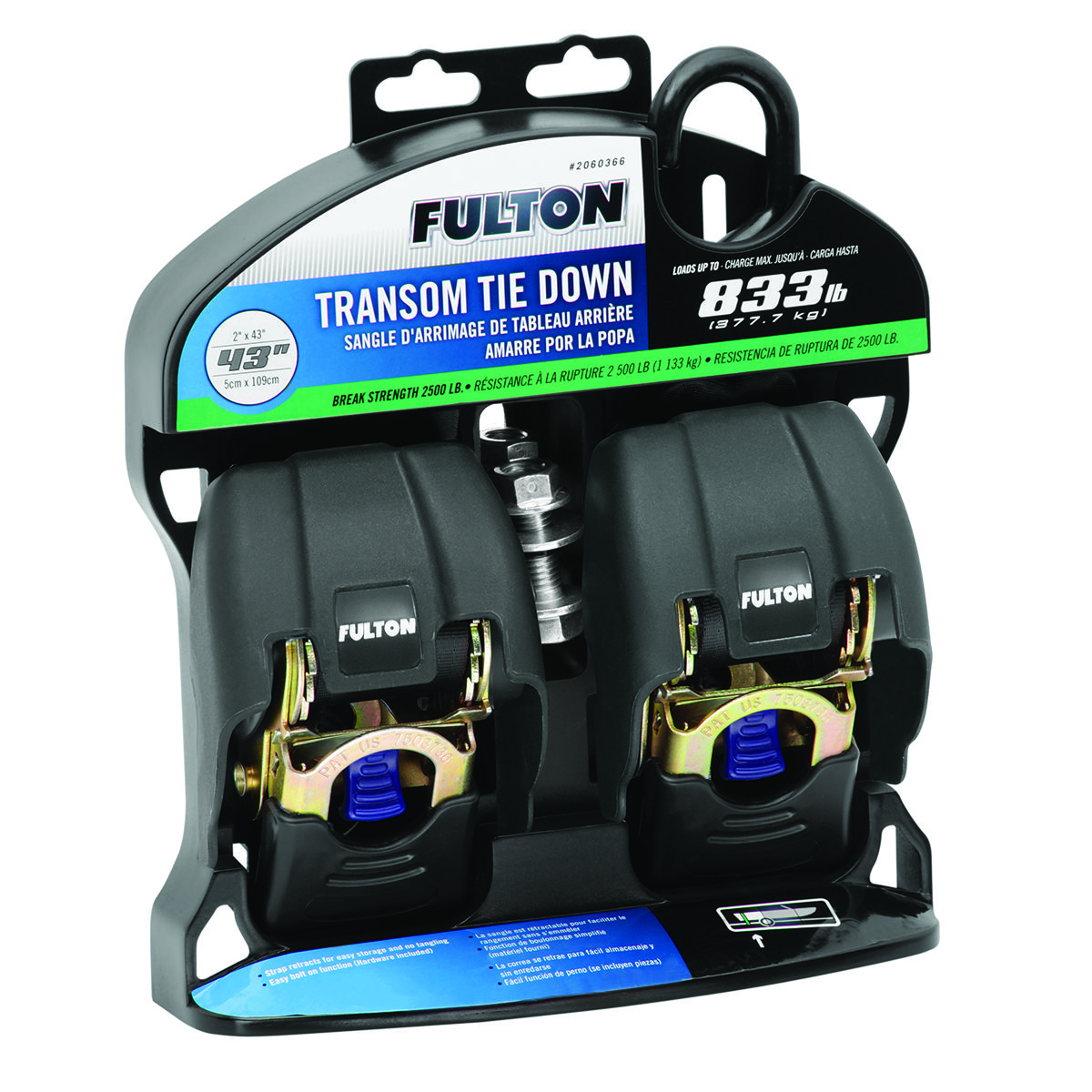 PAIR OF 2 TRANSOM RETRACTABLE RATHET TIE DOWN 2″X43″ 833 lb 2500 lb BREAK ZINC
