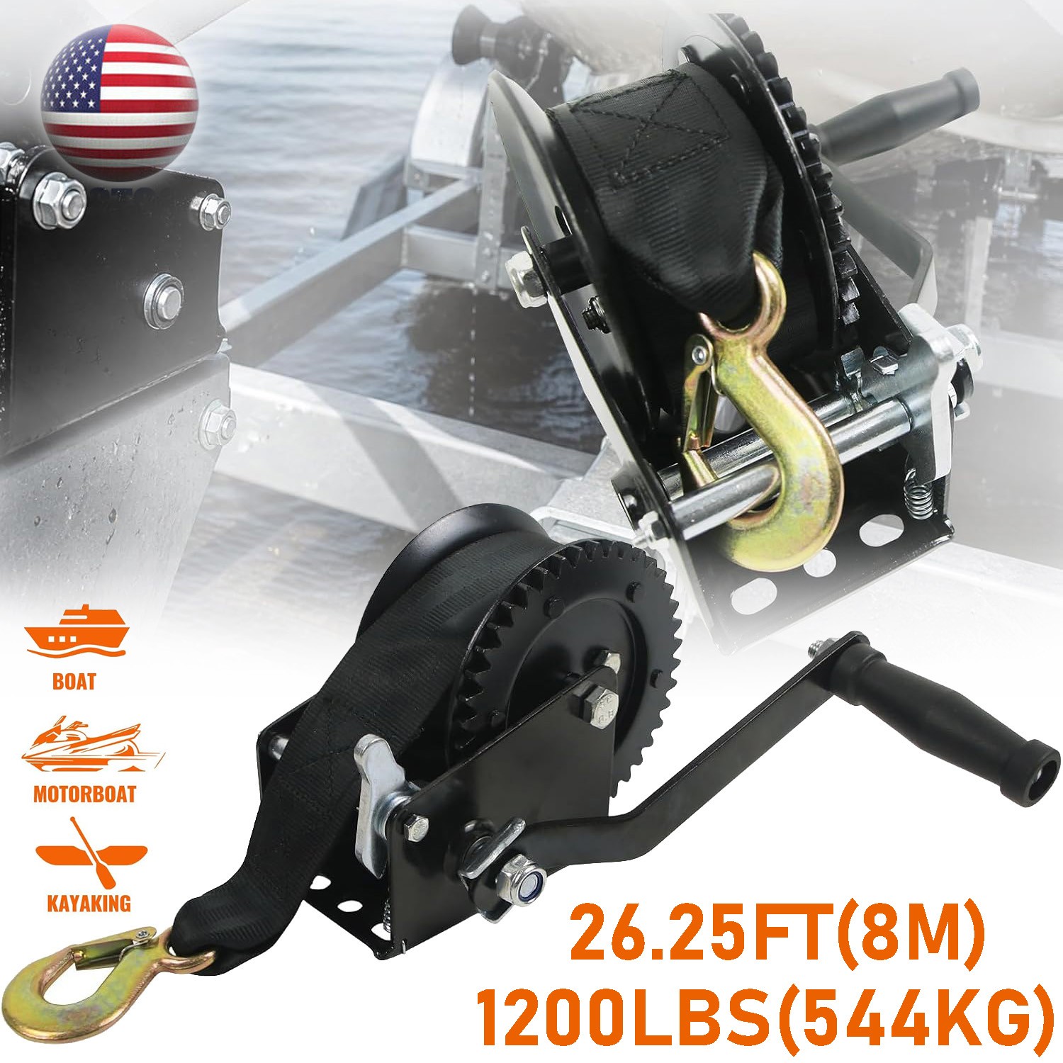 26.25FT Boat Trailer Winch 1200 Lbs Hand Crank Winch Heavy Duty ATV Boat Winches