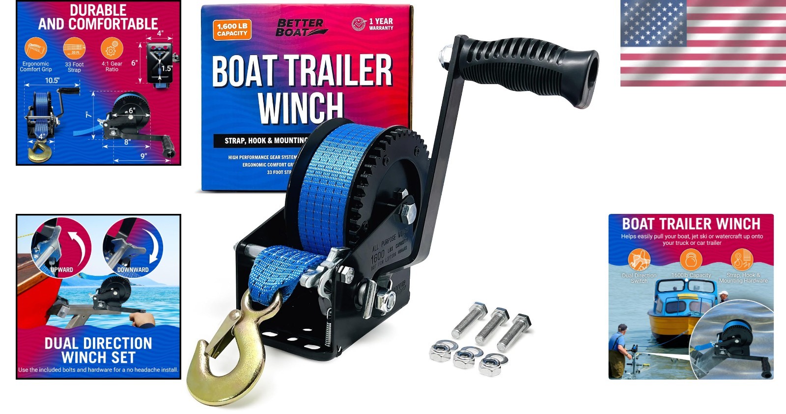 Manual Hand Crank Winch with 33ft Strap, 1600 lbs Capacity, Corrosion Resistant