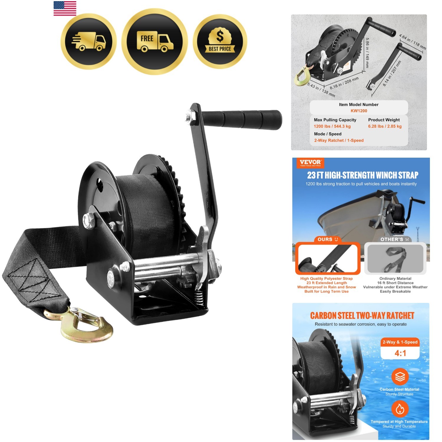 Boat Winch,1200 lbs Capacity Hand Boat Trailer Winch Heavy Duty Rope Crank wi…