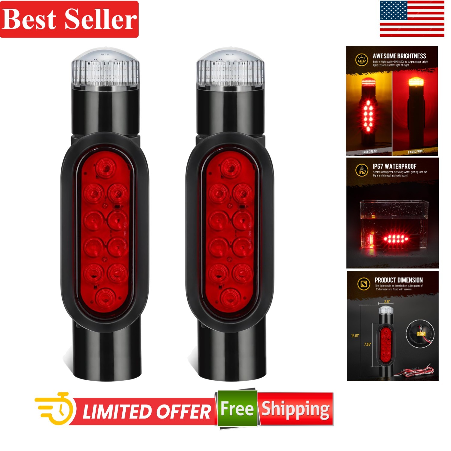 Boat Trailer Guide on Post Pipe Light Set Waterproof Led Tail Brake Signals 2pcs
