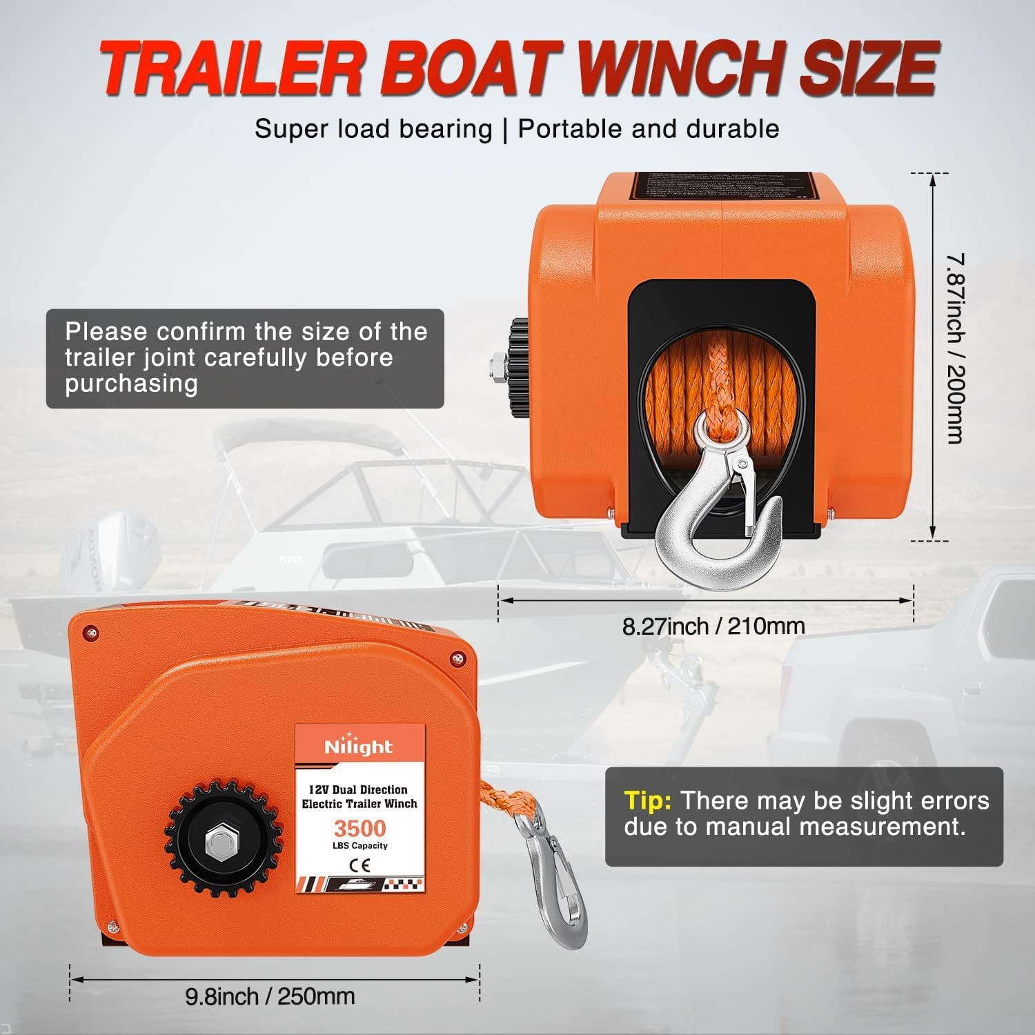 Nilight Boat Trailer Winch 3500 lbs Portable Electric Boat Winches 12V DC Orange