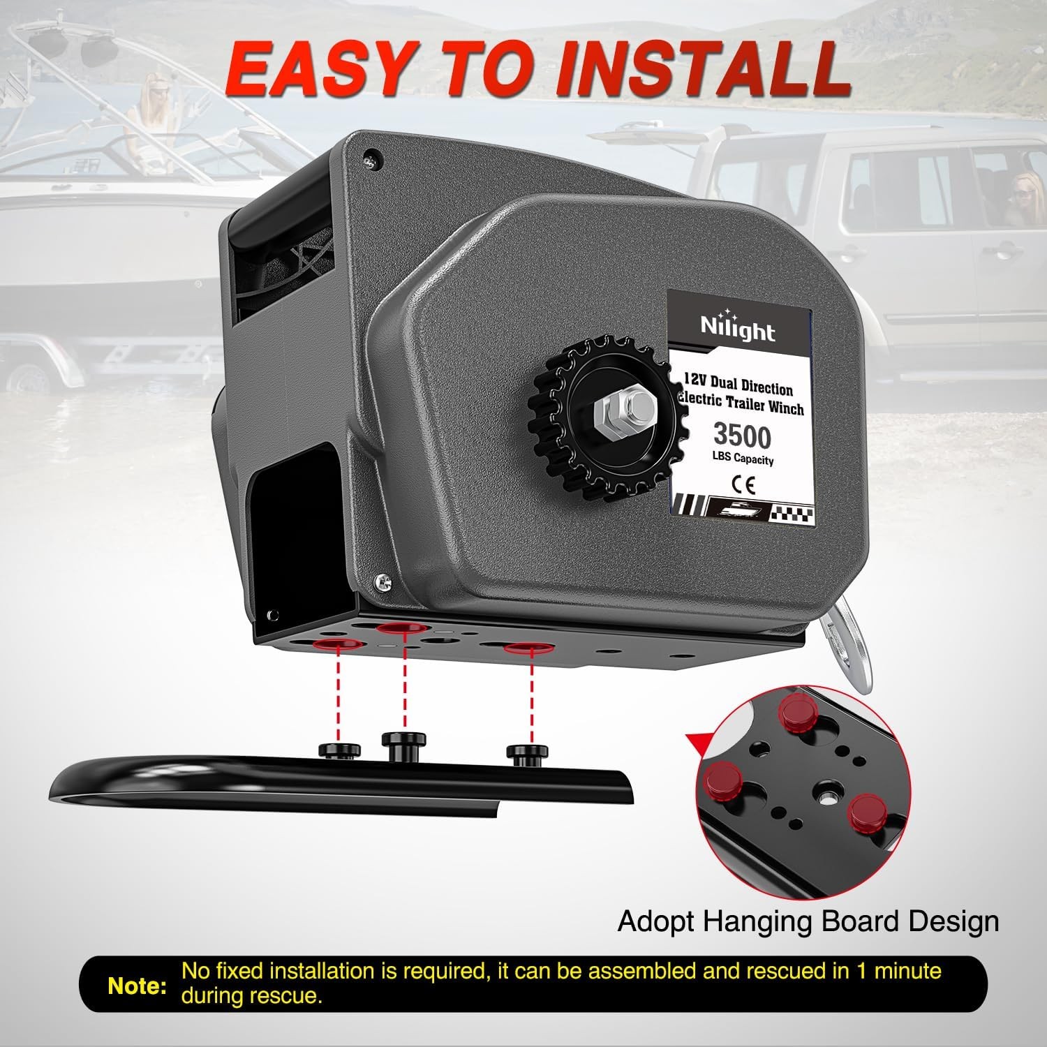 Nilight Boat Winch for Trailer 3500 Lbs Portable Electric with Steel Cable Gray