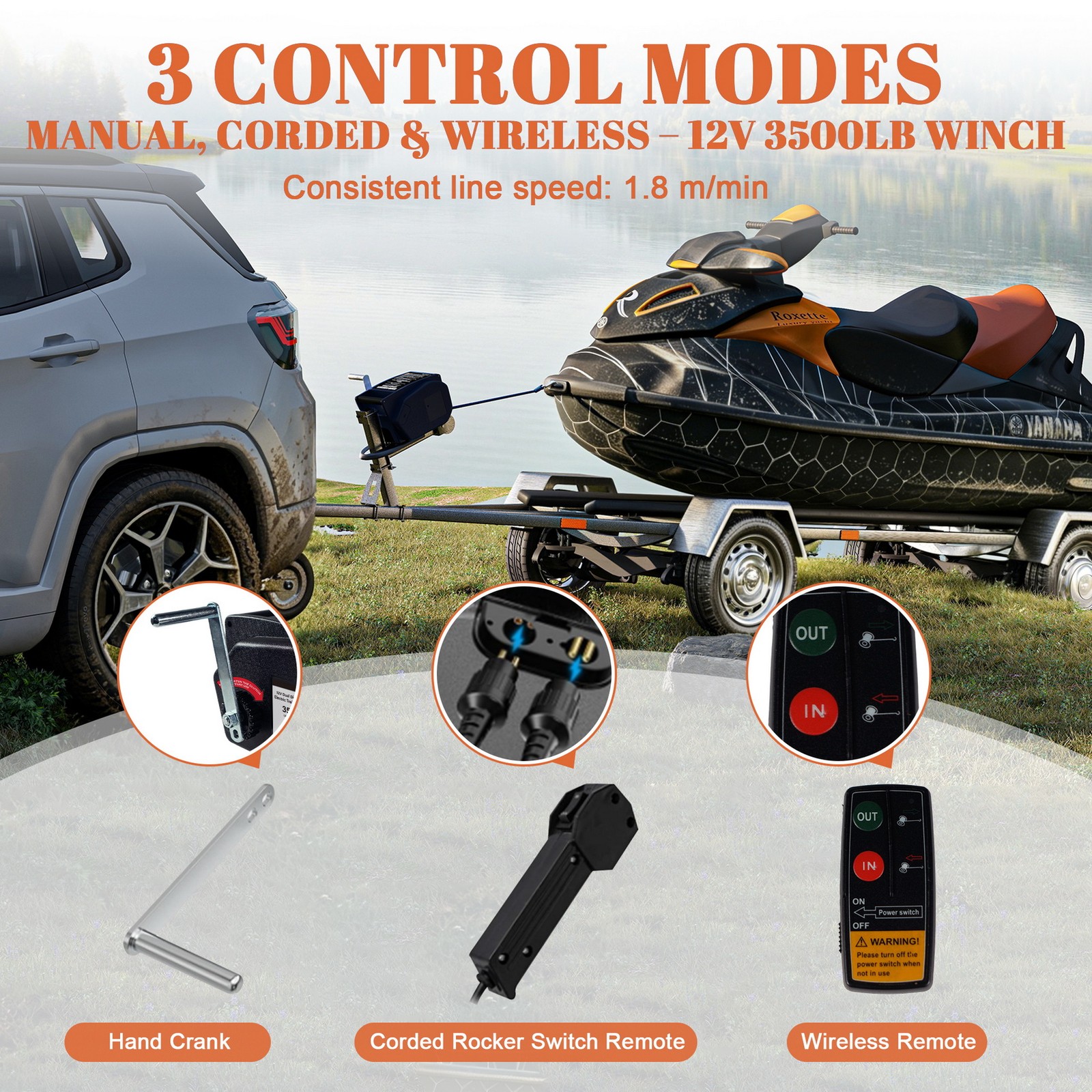 3500LB Electric Boat Tailer Winch Kit Car Truck RC Manual Crank Waterproof DC12V