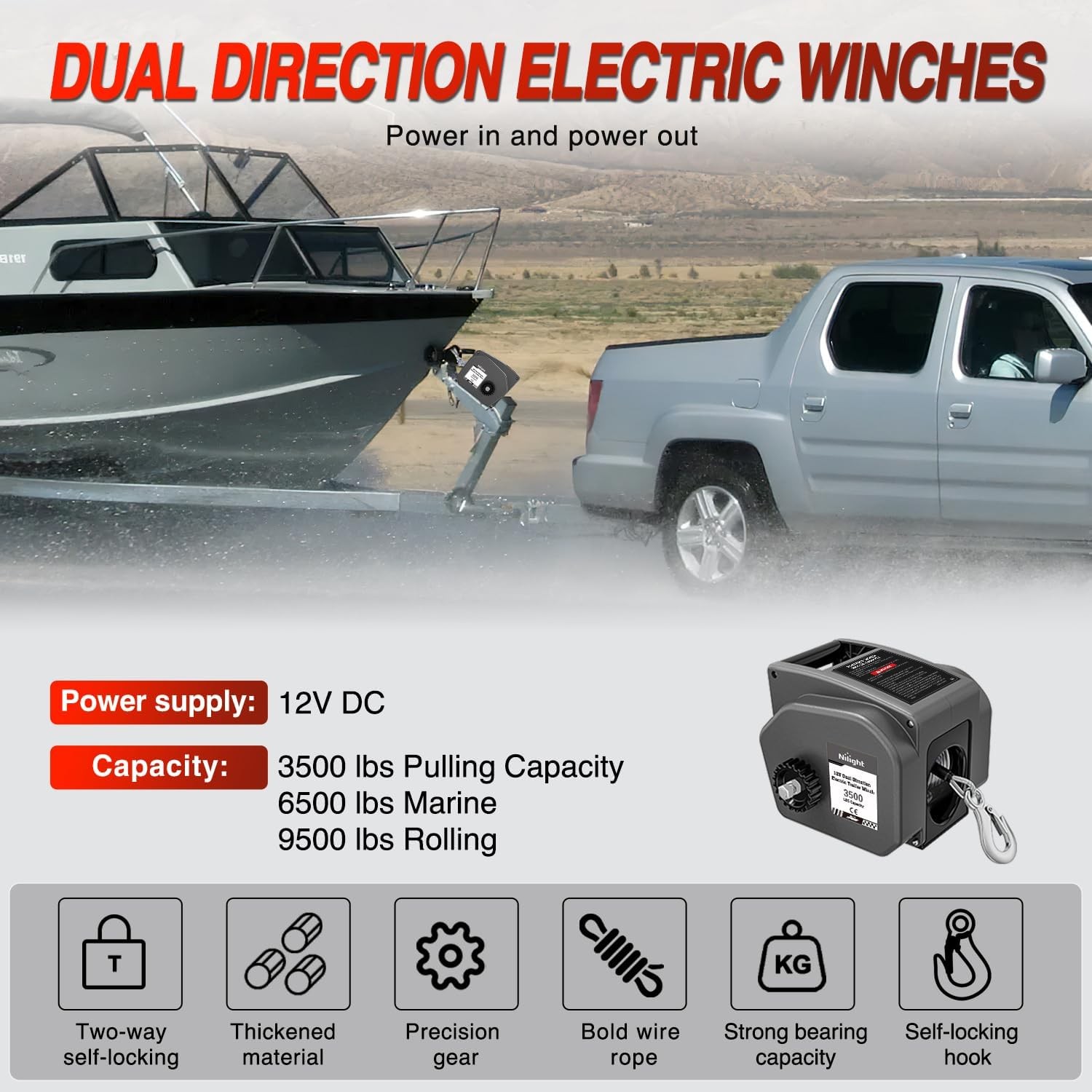Nilight Boat Winch for Trailer 3500 Lbs Portable Electric with Steel Cable Gray