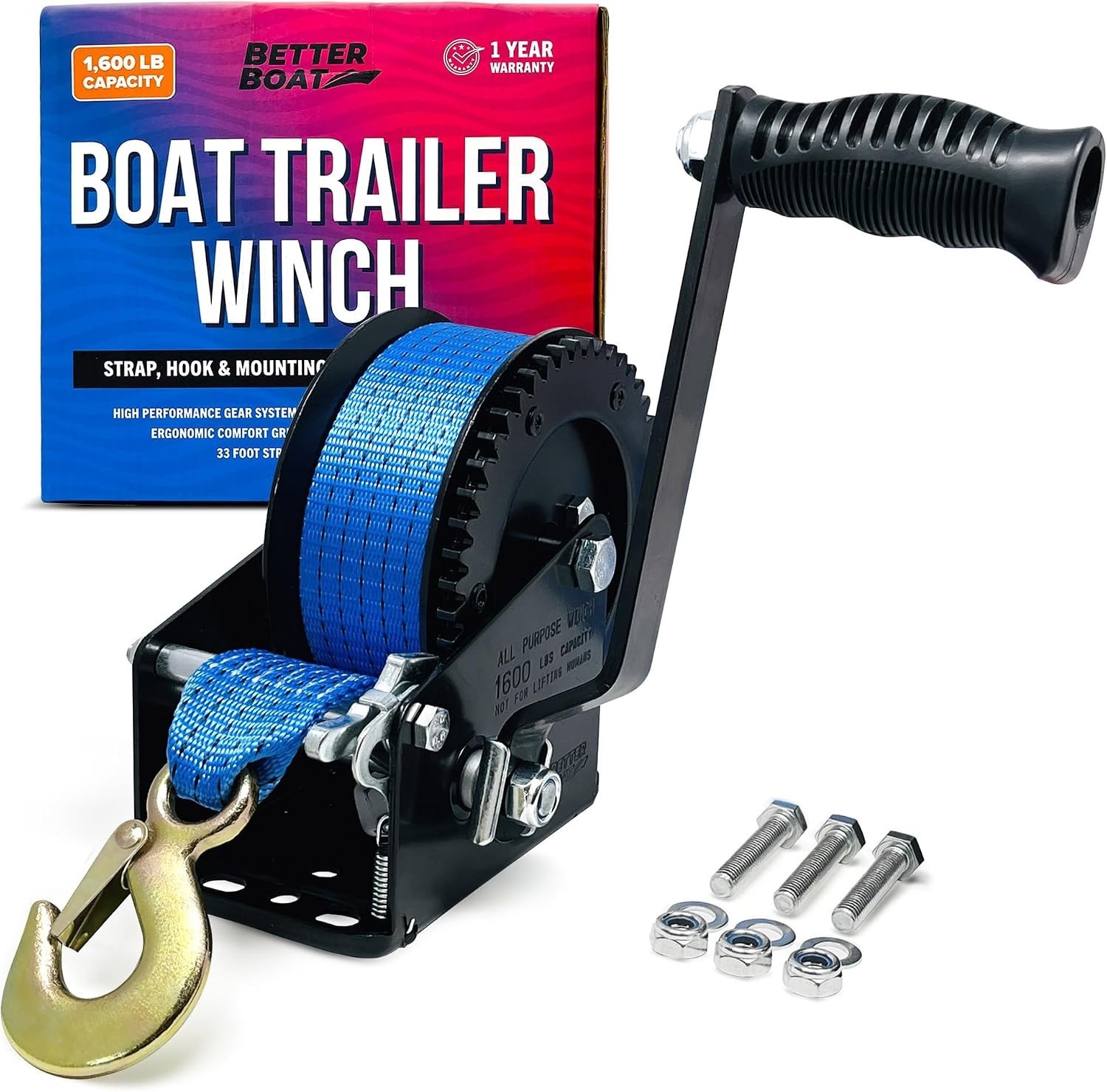 Manual Hand Crank Winch with 33ft Strap, 1600 lbs Capacity, Corrosion Resistant