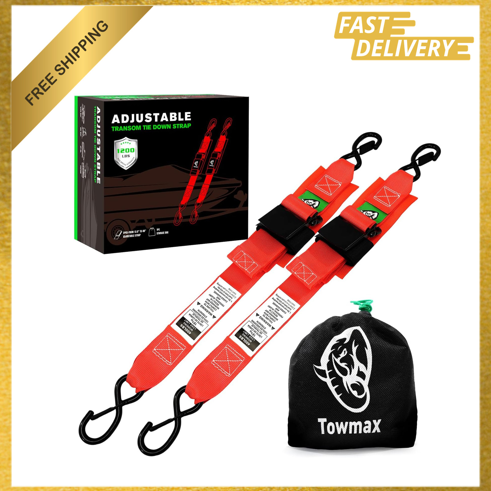 Boat Tie Down Straps with Safety Lock for Trailers, 2 Inch by 48 Inch Adjustable
