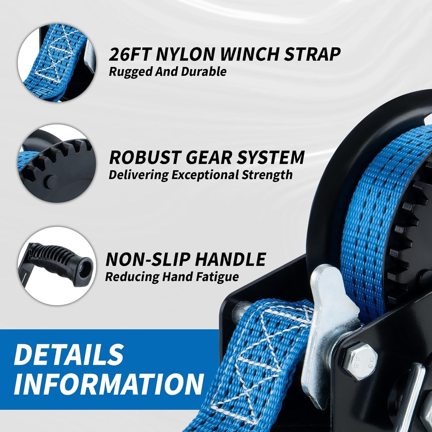 2-Way Ratchet Trailer Winch with 26FT Strap – Reliable 1600 lbs Towing Capacity