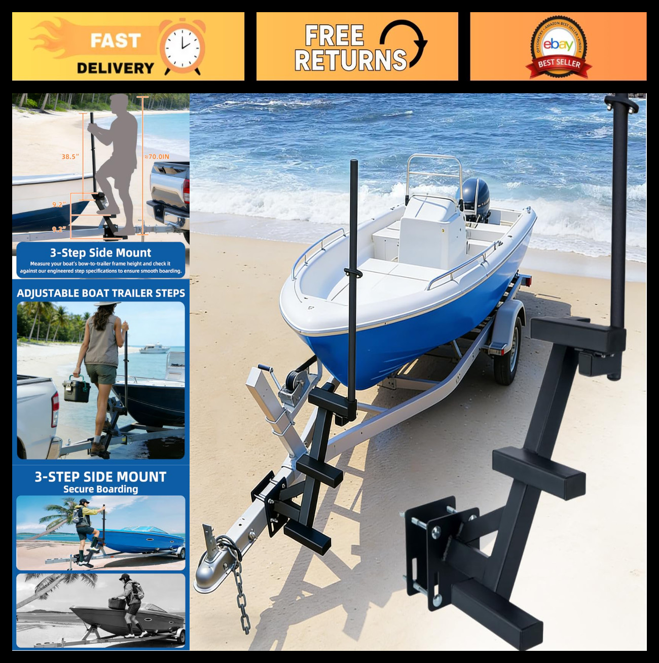 Heavy Duty Adjustable Boat Trailer Steps – 3-Step Access Ladder, Non-Slip, Multi