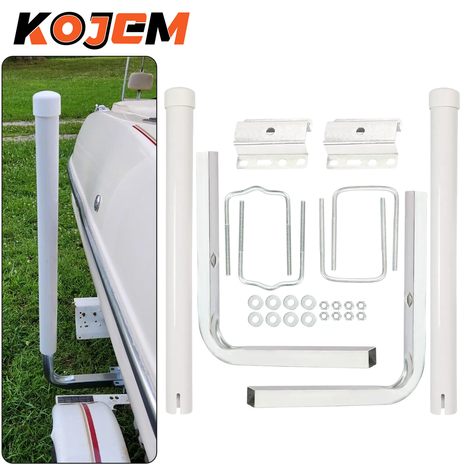 White Boat Trailer 40″ Zinc-Plated Guide On Post w/PVC Poles For Sailboat 1 Pair