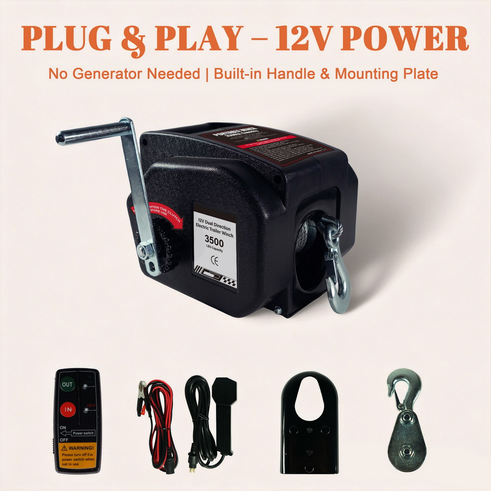 3500LB Electric Boat Tailer Winch Kit Car Truck RC Manual Crank Waterproof DC12V