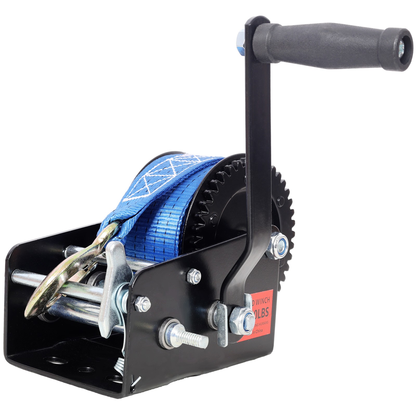 Manual Hand Winch 3500 lbs Capacity 32.8 ft Blue Strap Two-Way Ratchet