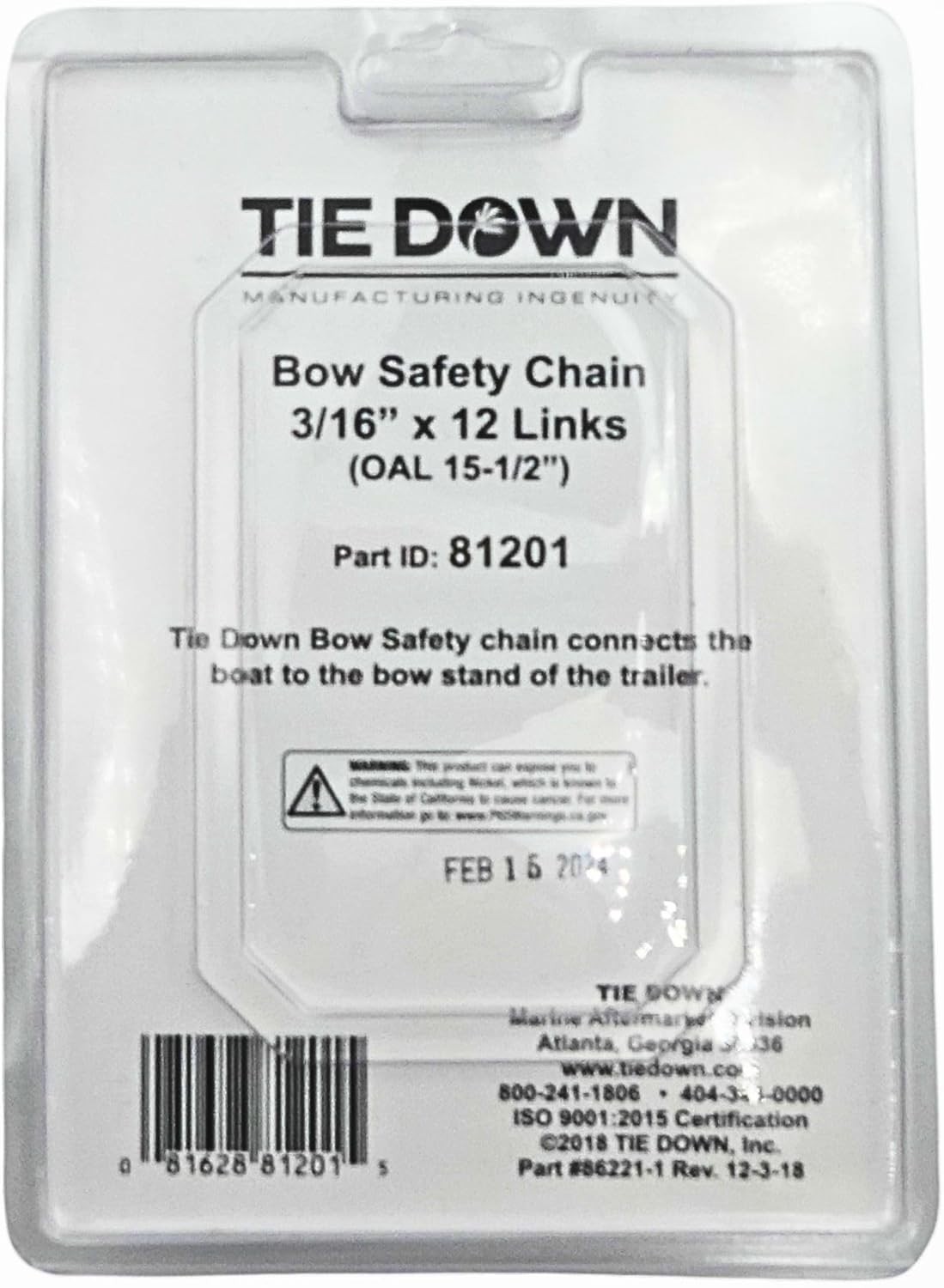 Bow Safety Chain – 3/16 in. x 15-1/2 in. Steel, Zinc-Plated– Heavy Duty Marin…