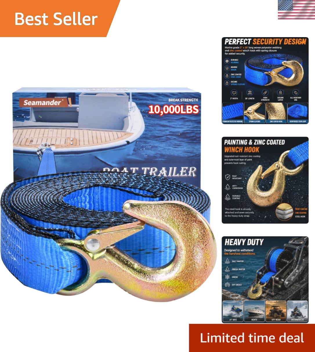Boat Trailer Winch Strap 5000LBS & 10000LBS,2″ × 4FT Marine Grade Polyester,R…