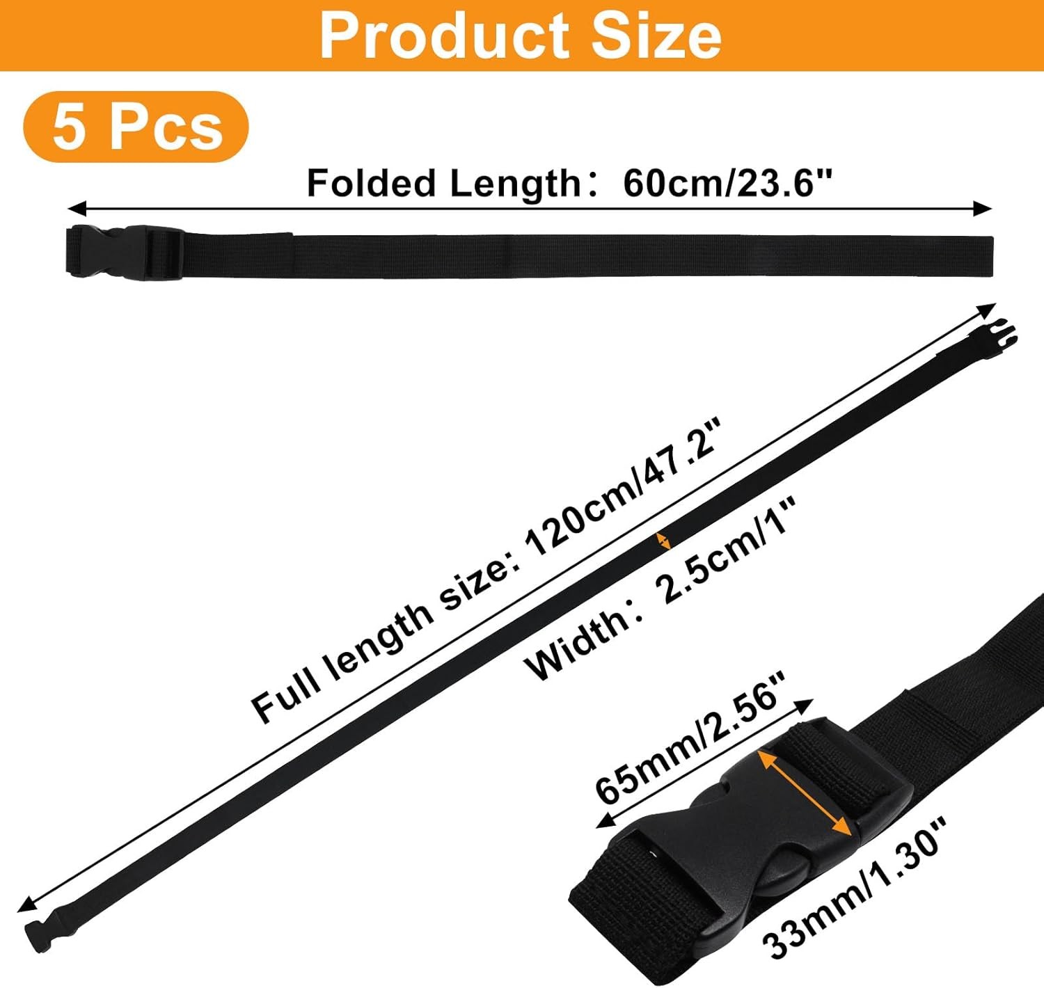 5Pcs Black Nylon Strap 1″ x 47″ (3.9ft) Buckle Straps 1×47"(5Pcs),