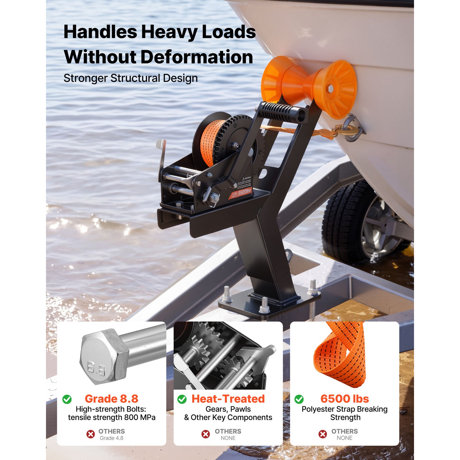 Boat Trailer Winch Stand with Roller, 3500 lbs, 20ft Orange Strap