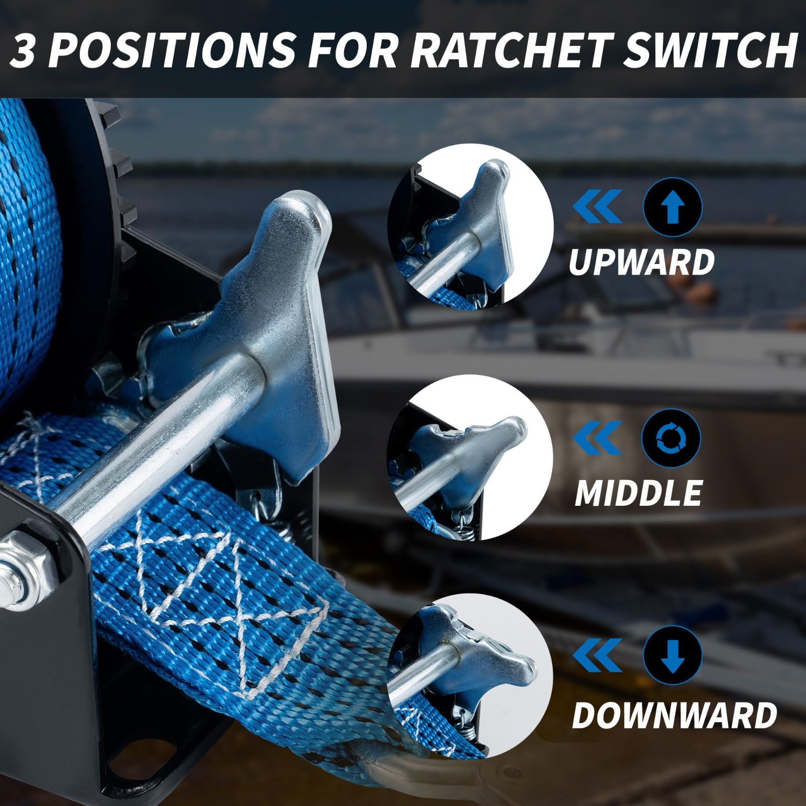 Heavy Duty 2000lbs Boat Trailer Winch, 26FT Strap, 2-Way Ratchet, Portable Hand