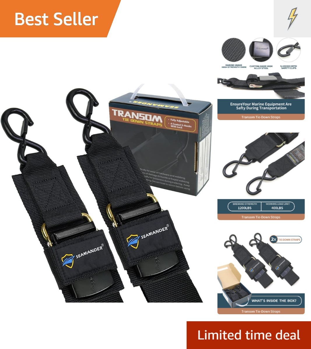 Adjustable 2″ x 48″ Boat Tie Down Straps with Safety Clips – 400 lbs Capacity
