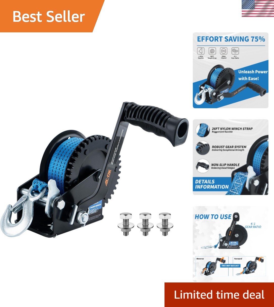 1600lbs Heavy Duty Boat Trailer Winch with 26FT Strap, 2-Way Ratchet & 4:1 Ge…