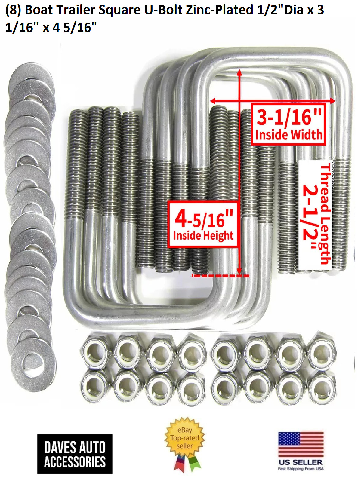 (8) Boat Trailer Square U-Bolt Zinc-Plated 1/2″Dia x 3 1/16″ x 4 5/16″