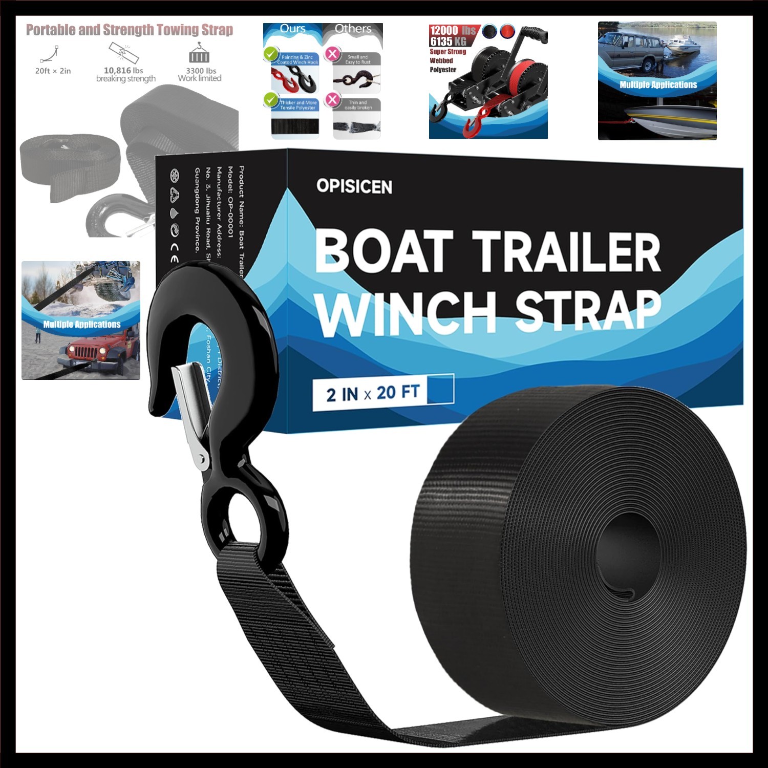 Heavy Duty Boat Trailer Winch Strap with Hook – 2″ x 20′ – 10,816lbs Breaking…