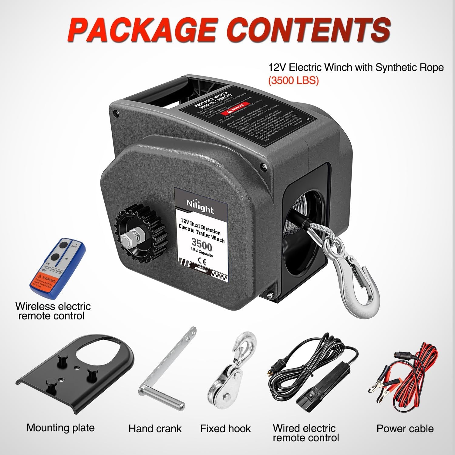 Nilight Boat Winch for Trailer 3500 Lbs Portable Electric with Steel Cable Gray