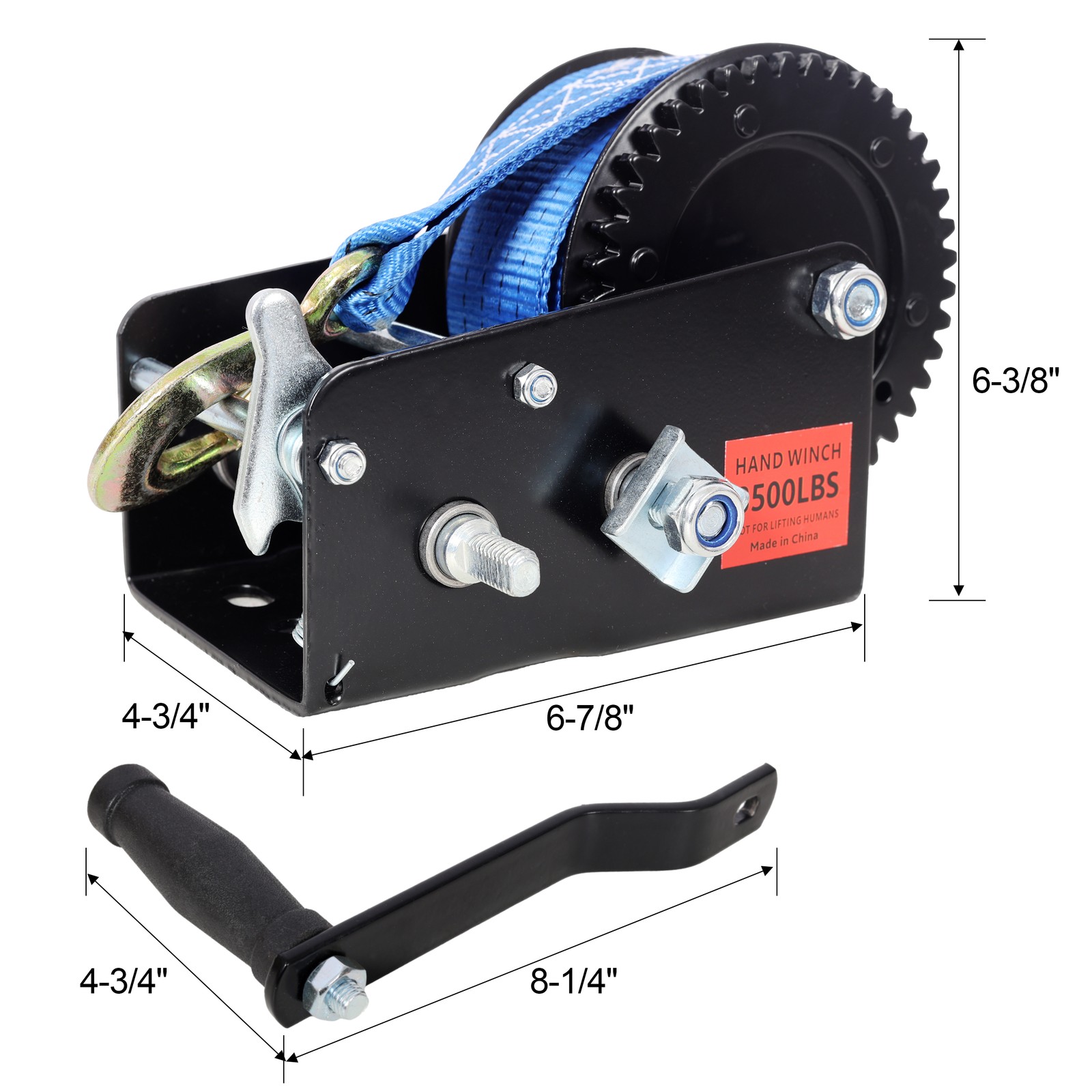 Manual Hand Winch 3500 lbs Capacity 32.8 ft Blue Strap Two-Way Ratchet