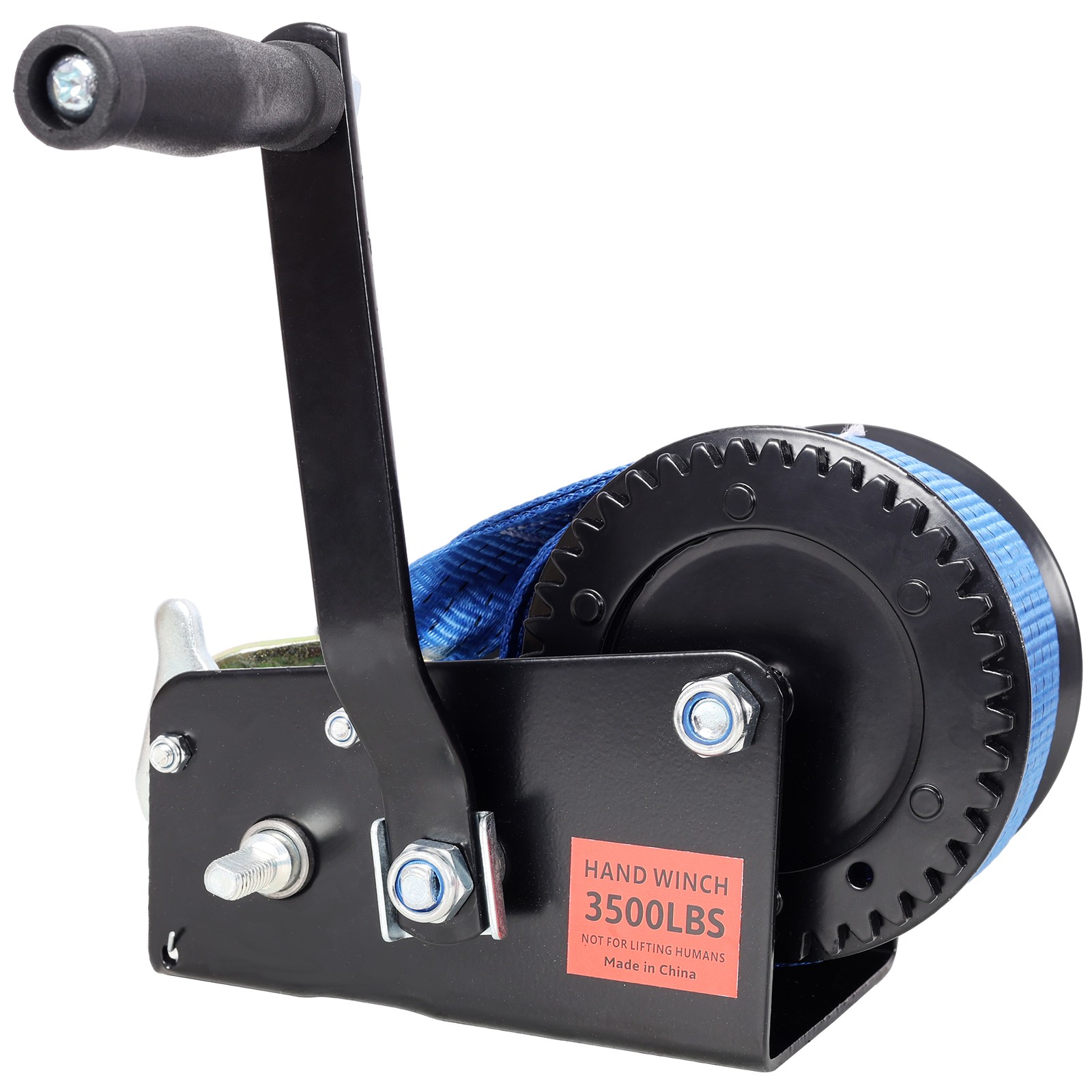 Manual Hand Winch 3500 lbs Capacity 32.8 ft Blue Strap Two-Way Ratchet
