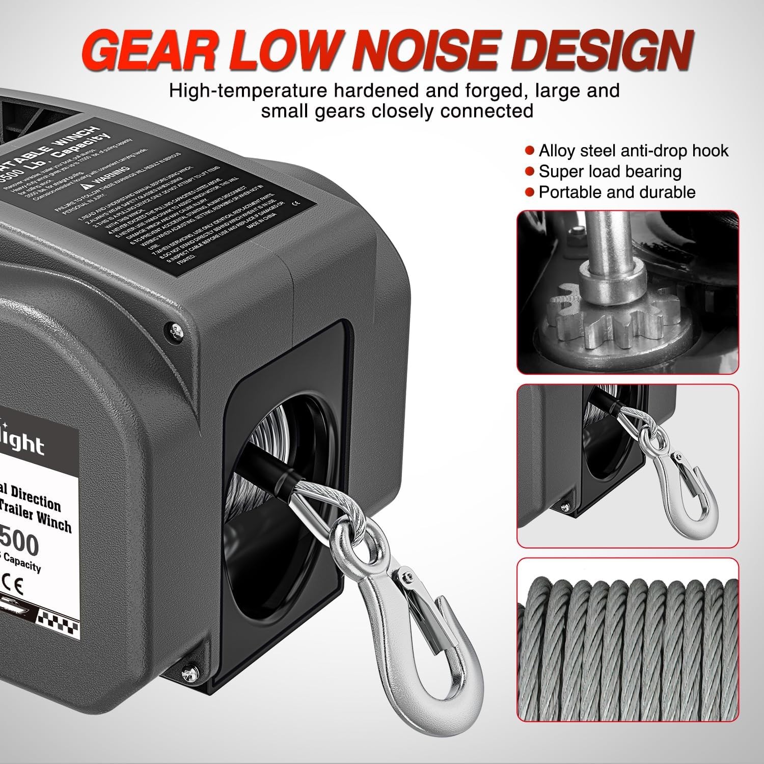 Nilight Boat Winch for Trailer 3500 Lbs Portable Electric with Steel Cable Gray