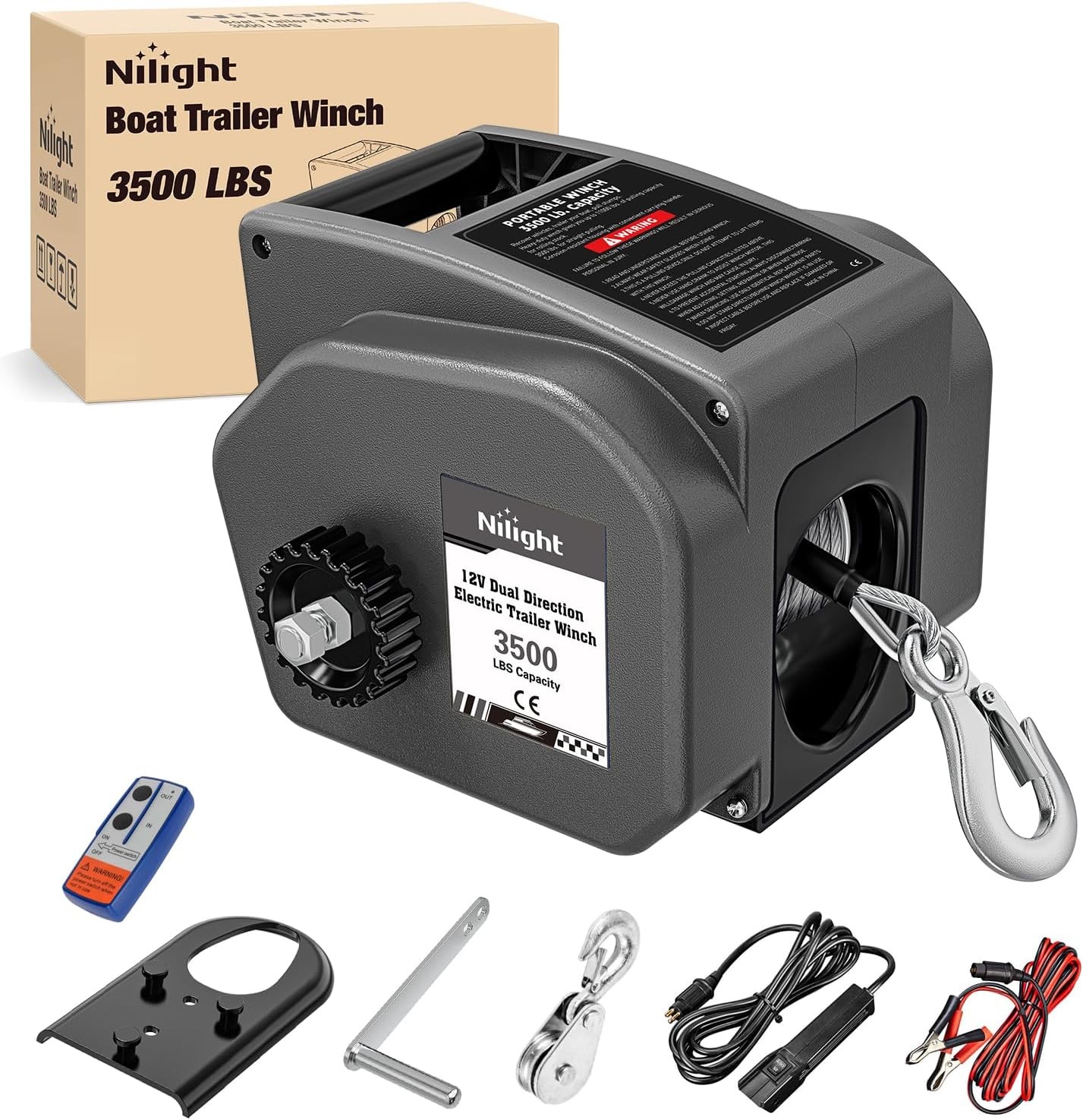 Nilight Boat Winch for Trailer 3500 Lbs Portable Electric with Steel Cable Gray