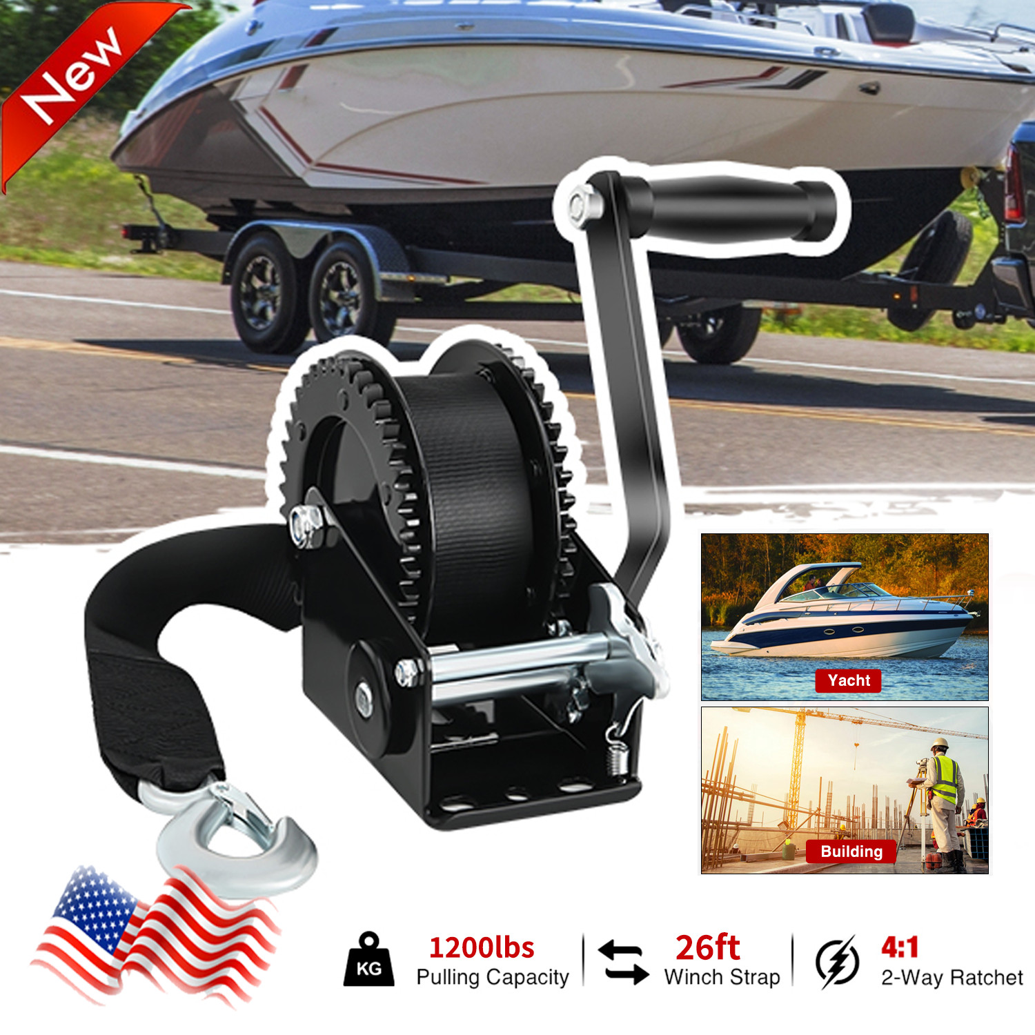 Hand Winch Crank Gear Winch, Heavy Duty, Up to 1200 lbs for Trailer, Boat or ATV