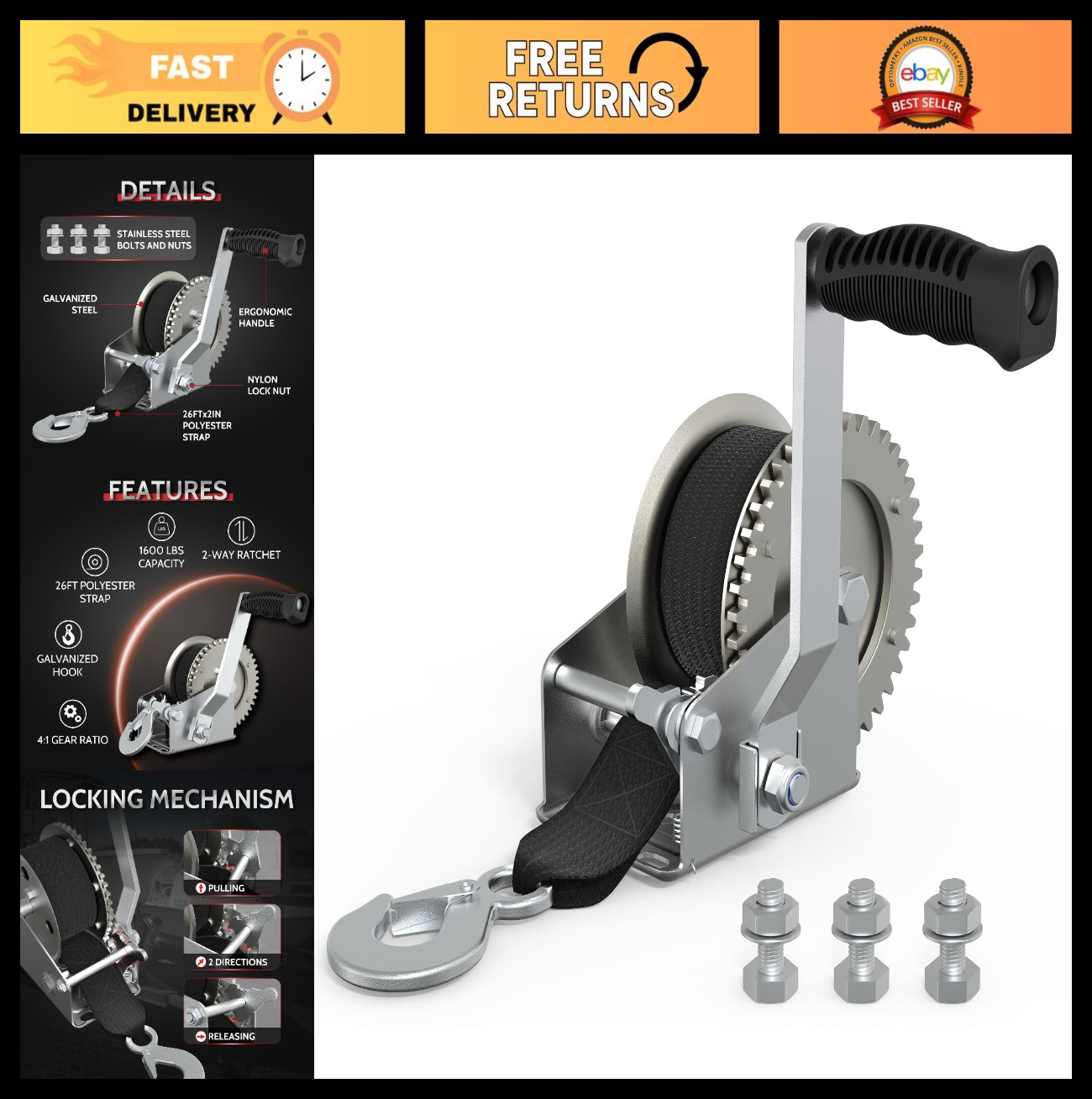 Heavy Duty 1600 LB Boat Trailer Winch, Manual Hand Winch with 26FT Strap & Hook